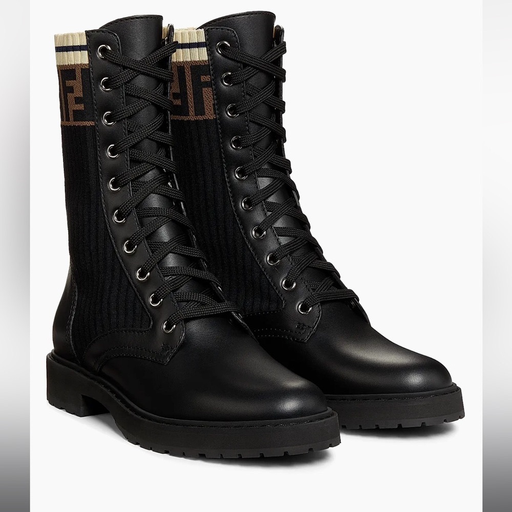 Fendi Rockoko leather and knit combat Boots